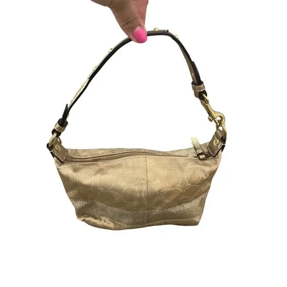 Coach Signature C Small Shoulder Bag Purse Gold Metallic Studded Strap - Picture 2 of 13